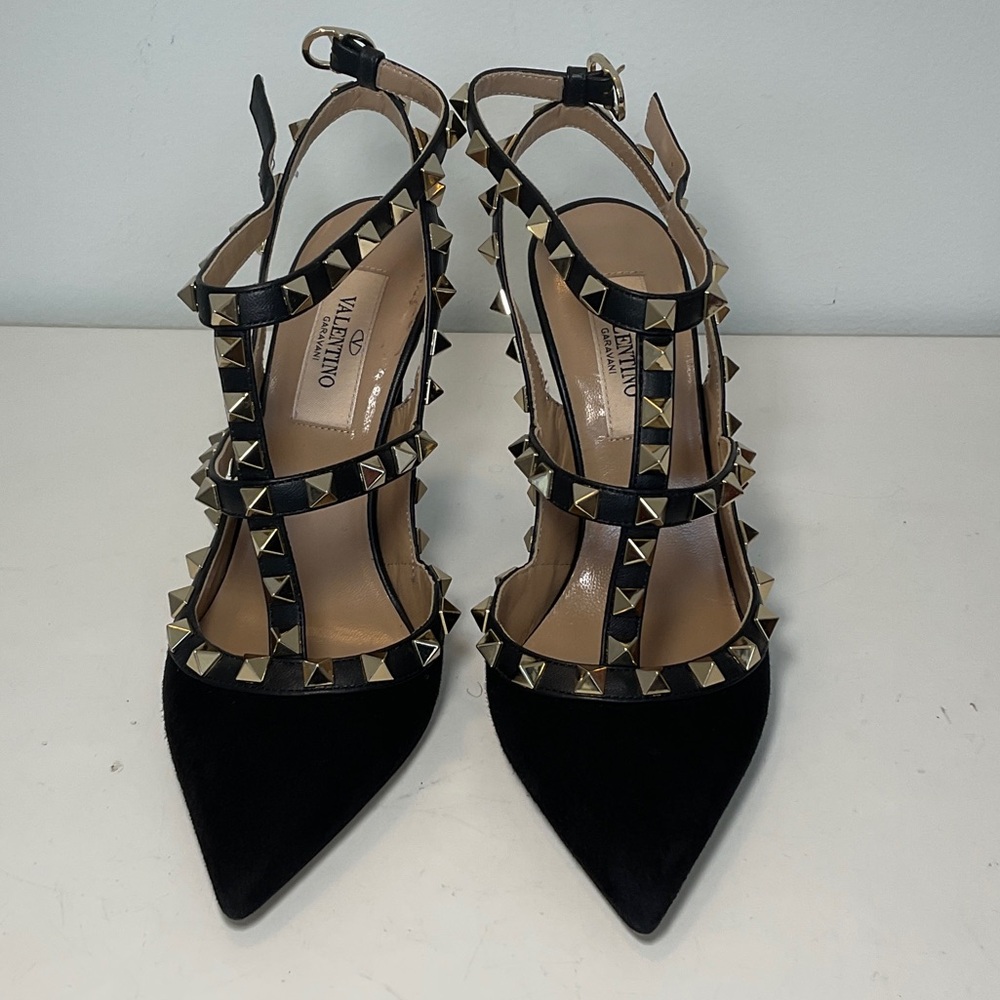 Valentino Black Rockstud Velvet Pointed Toe Heels